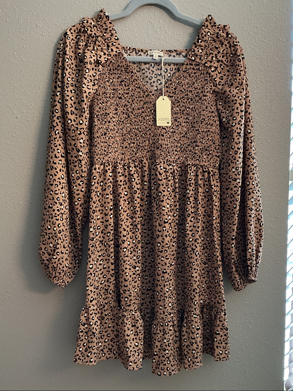 JODIFL Tan and Black Leopard Smocked Women’s Dress